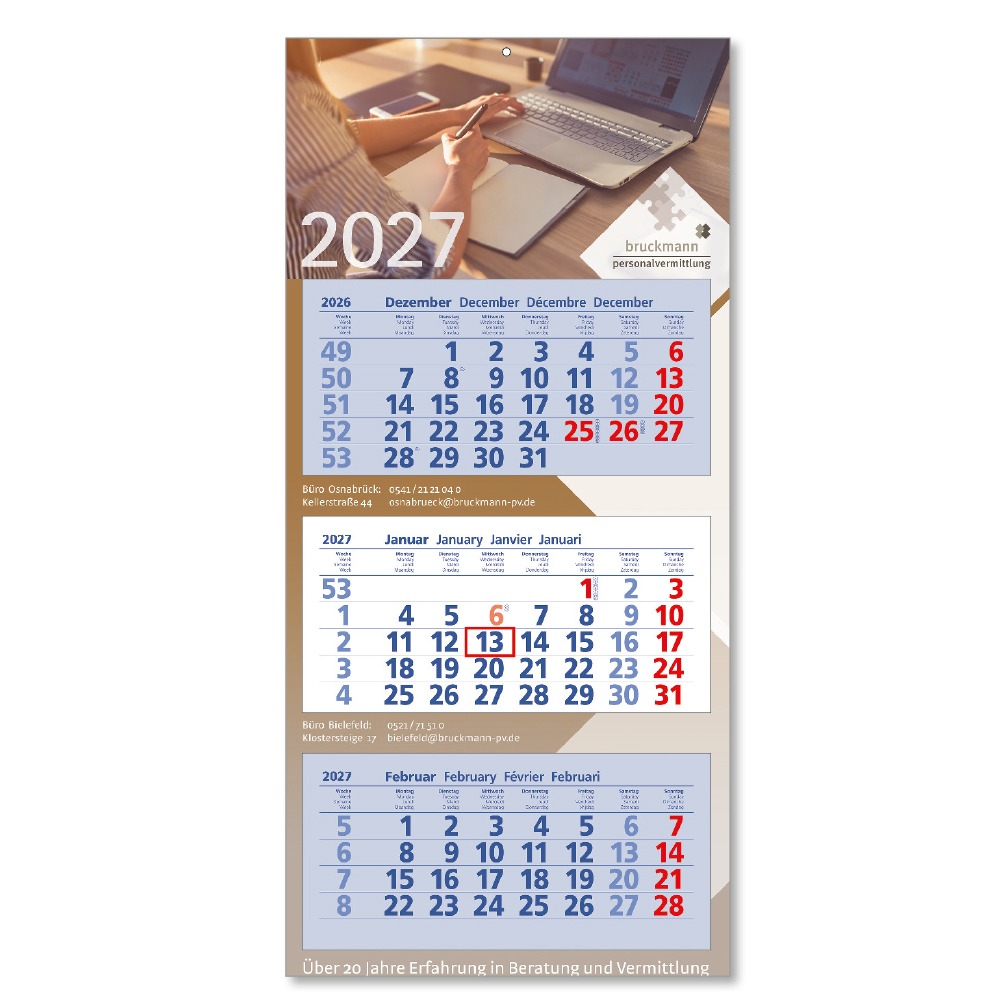 Werbeartikel 3-Monats Wandkalender Kalendarium blau/weiß incl. 4c-Druck