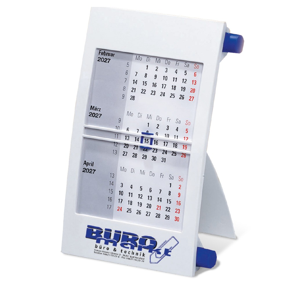 Werbeartikel 3-Monats-Tischkalender blau mit Drehknopf
