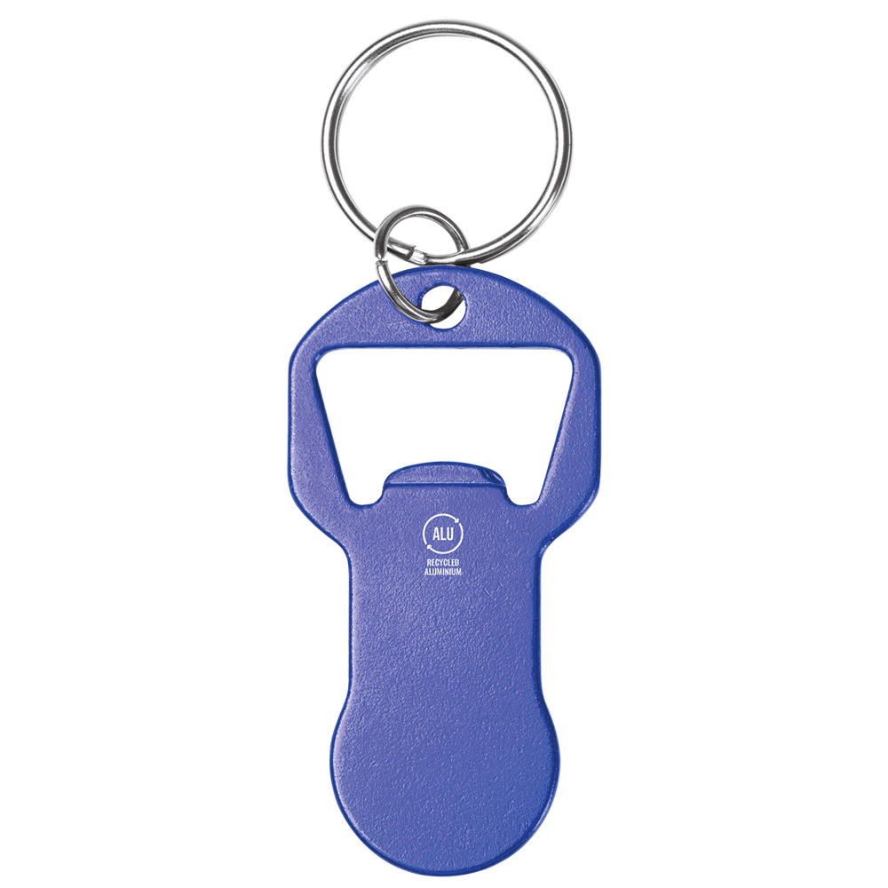 Werbeartikel Einkaufswagenauslöser blau mit Flaschenöffner Aluminium