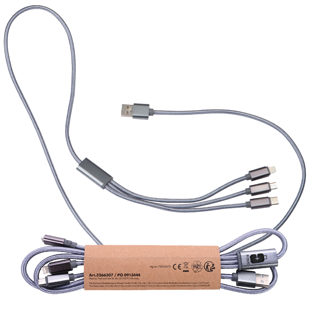 Werbeartikel 4in1 Extralanges Ladekabel, USB, Micro USB, C-Typ, IOS
