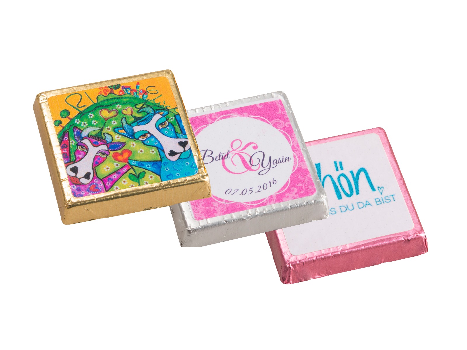 Werbeartikel Mini-Vollmilchschokoladentafel mit Fotodruck 5 g 3 x 3 cm