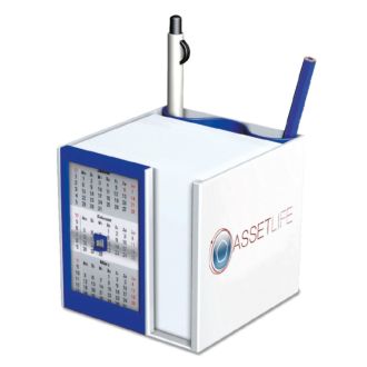 Kalender/Zettelbox weiss/blau 2-Jahres Kalendarium