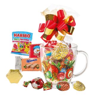 Weihnachtsbecher aus Glas Weihnachtskugelmotiv inkl 135g Füllung