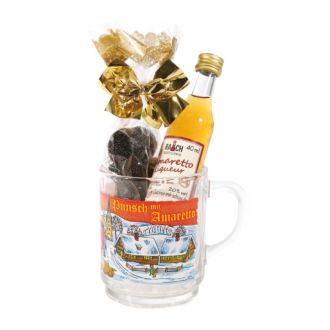 Punschbecher aus Glas inkl 40ml Amaretto u 50g Süßwaren Füllung
