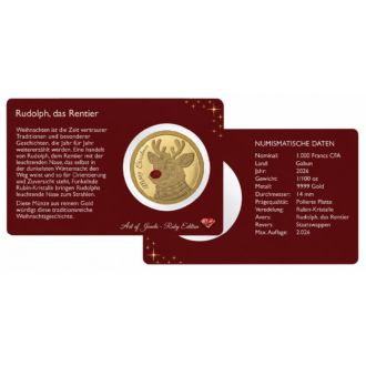 Goldmünze Rentier Rudolph mit Rubinstaub im Samtsäckchen