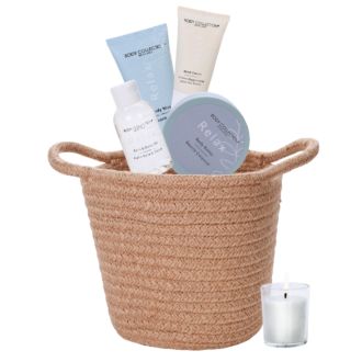 Geschenkeset Hanfseil K&ouml;rbchen m Pflegeprodukten u Kerze