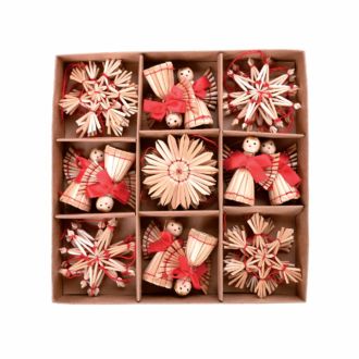 Weihnachtsanhänger aus Stroh Natur/Rote Schleifen 28er Set