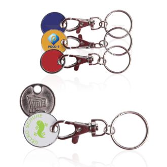 Einkaufswagenchip aus Metall mit Schlüsselring mit Werbedruck