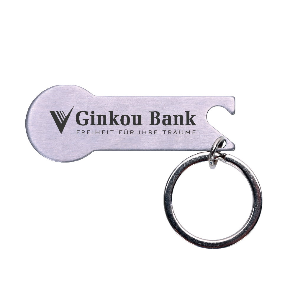 Werbeartikel Edelstahl-Einkaufswagenlöser mit Flaschenöffner