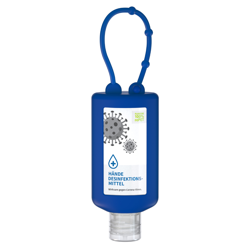 Werbeartikel Hände-Desinfektionsmittel 50ml Bumper mit Klappdeckel blau 83 % Ethanol