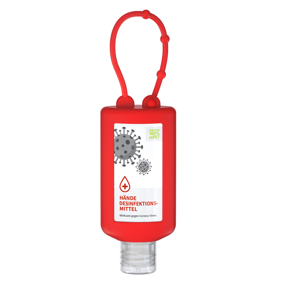 Werbeartikel Hände-Desinfektionsmittel 50ml Bumper mit Klappdeckel rot 83 % Ethanol