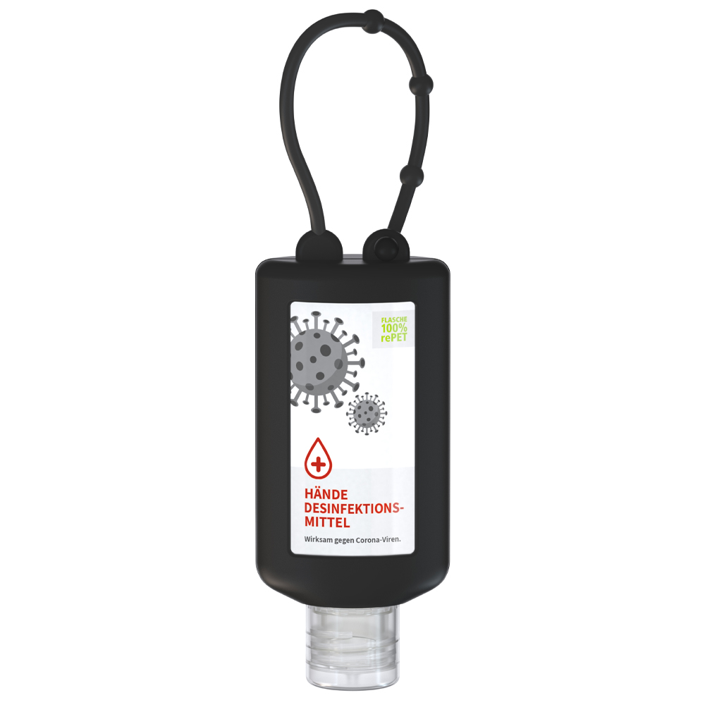 Werbeartikel Hände-Desinfektionsmittel 50ml Bumper mit Klappdeckel schwarz 83 % Ethanol