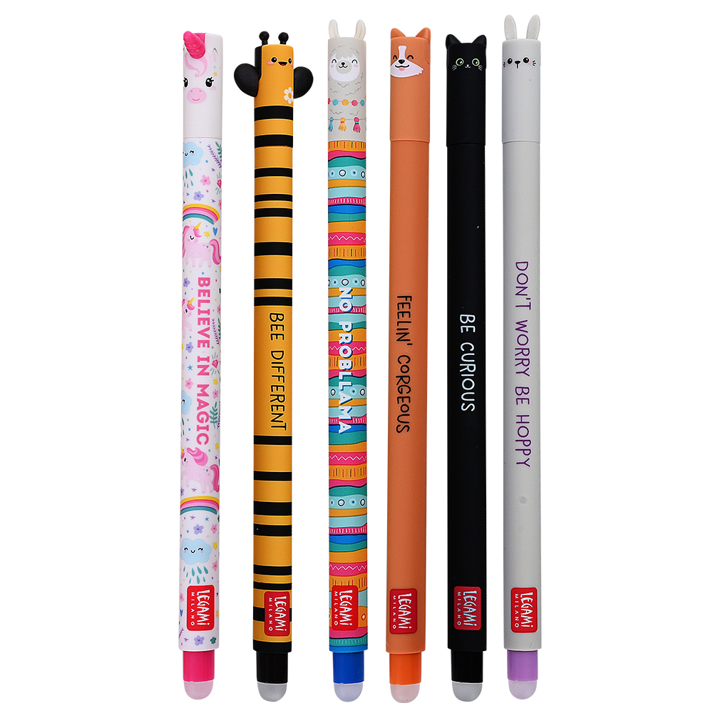 Werbeartikel Legami Set löschbare Gelstifte Einhorn, Biene,Lama, Corgi, Katze, Hase