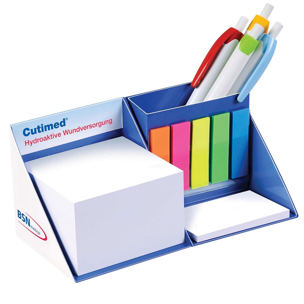 Werbeartikel Notizwürfel mit Stiftehalter 4C Druck auf Außenseite