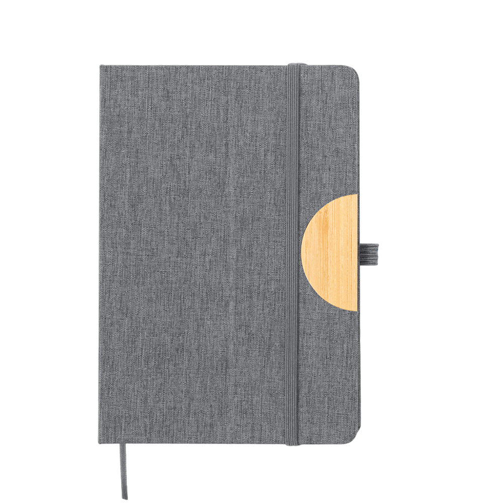 Werbeartikel RPET Notizbuch Grau mit Handystütze und Bambus