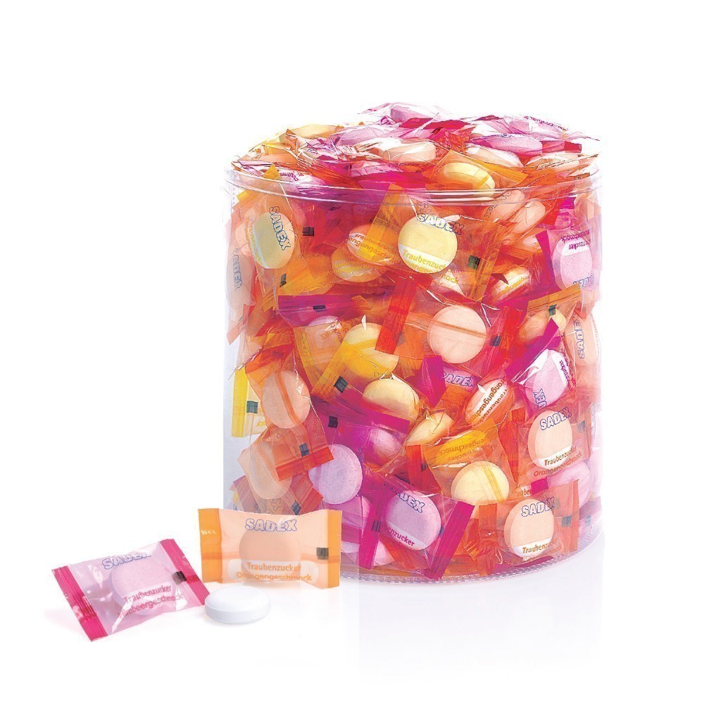 Werbeartikel SADEX Traubenzucker Vitamin C 250 St. in Rund-Dose 650g