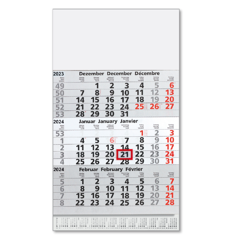 Werbeartikel 3-Monats-Kalender hellgrau Postversion, ohne Werbedruck